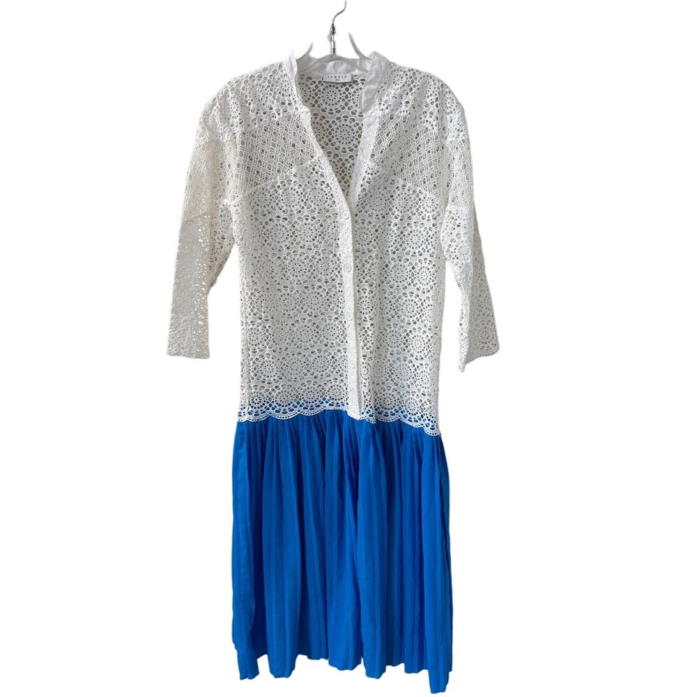 Sandro Paris Sz 6 US 36 FR Maca Eyelet Lace Pleated Skirt Midi Dress‎ White Blue